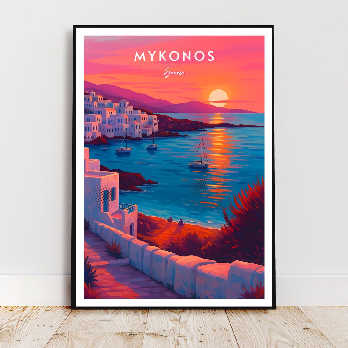 Mykonos Greece Sunset Whitewashed Village Aegean Travel Poster