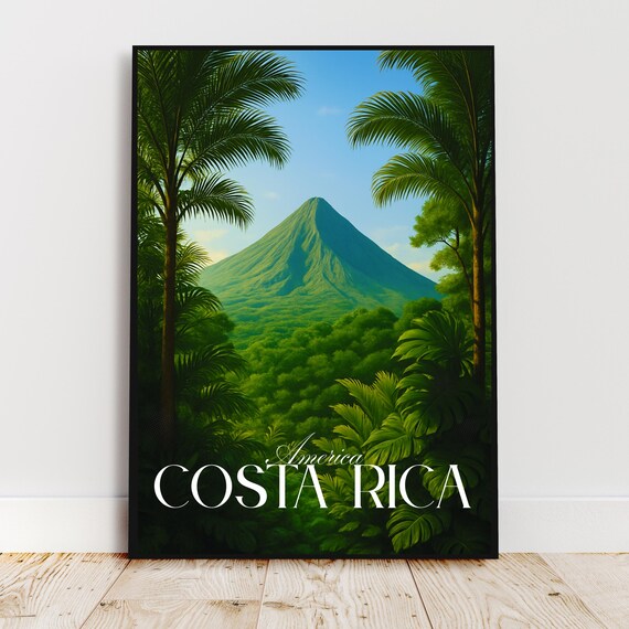 Costa Rica Arenal Volcano Jungle Palms Vintage Travel Poster