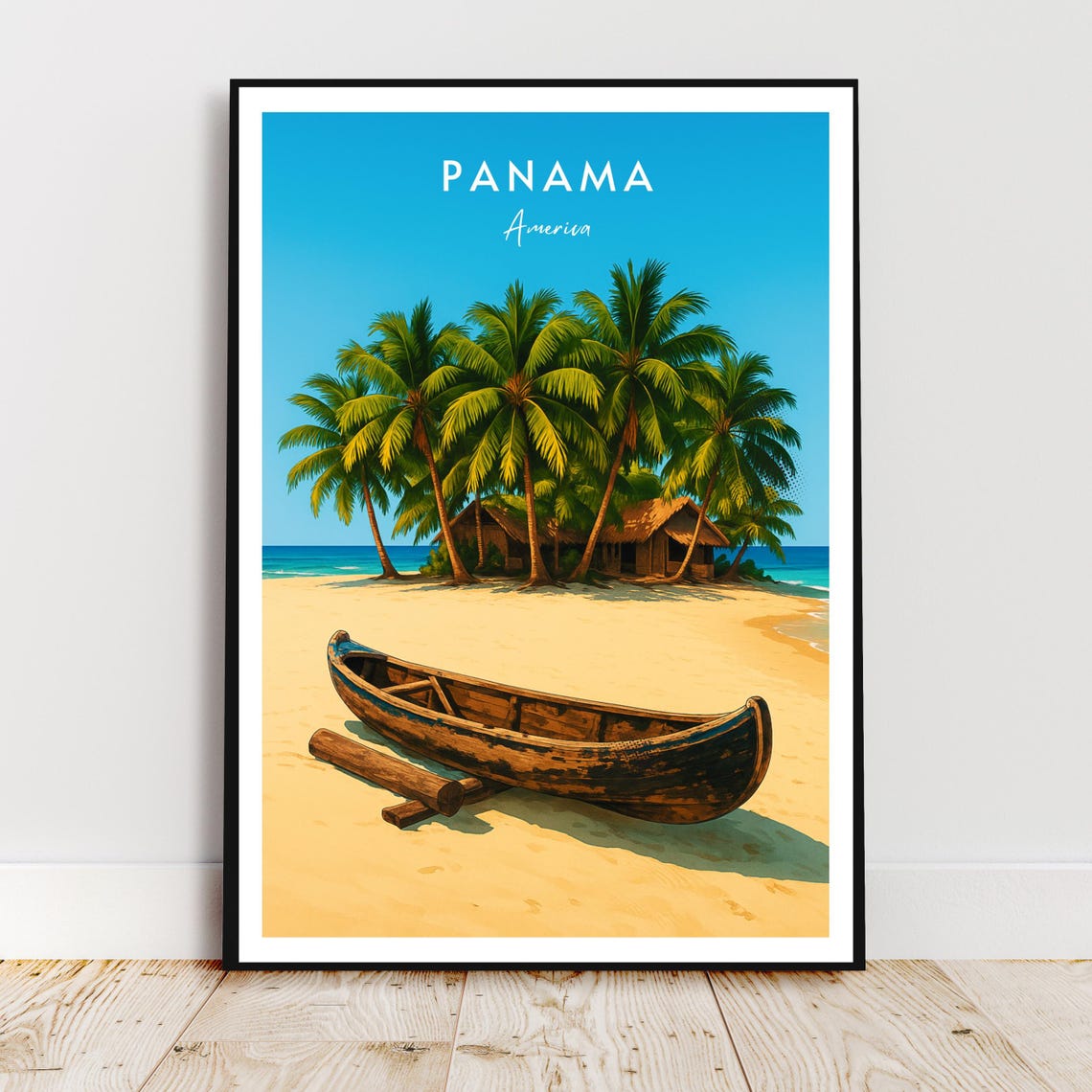Panama America Tropical Beach Palm Trees Canoe Travel Poster