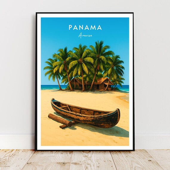 Panama America Tropical Beach Palm Trees Canoe Travel Poster