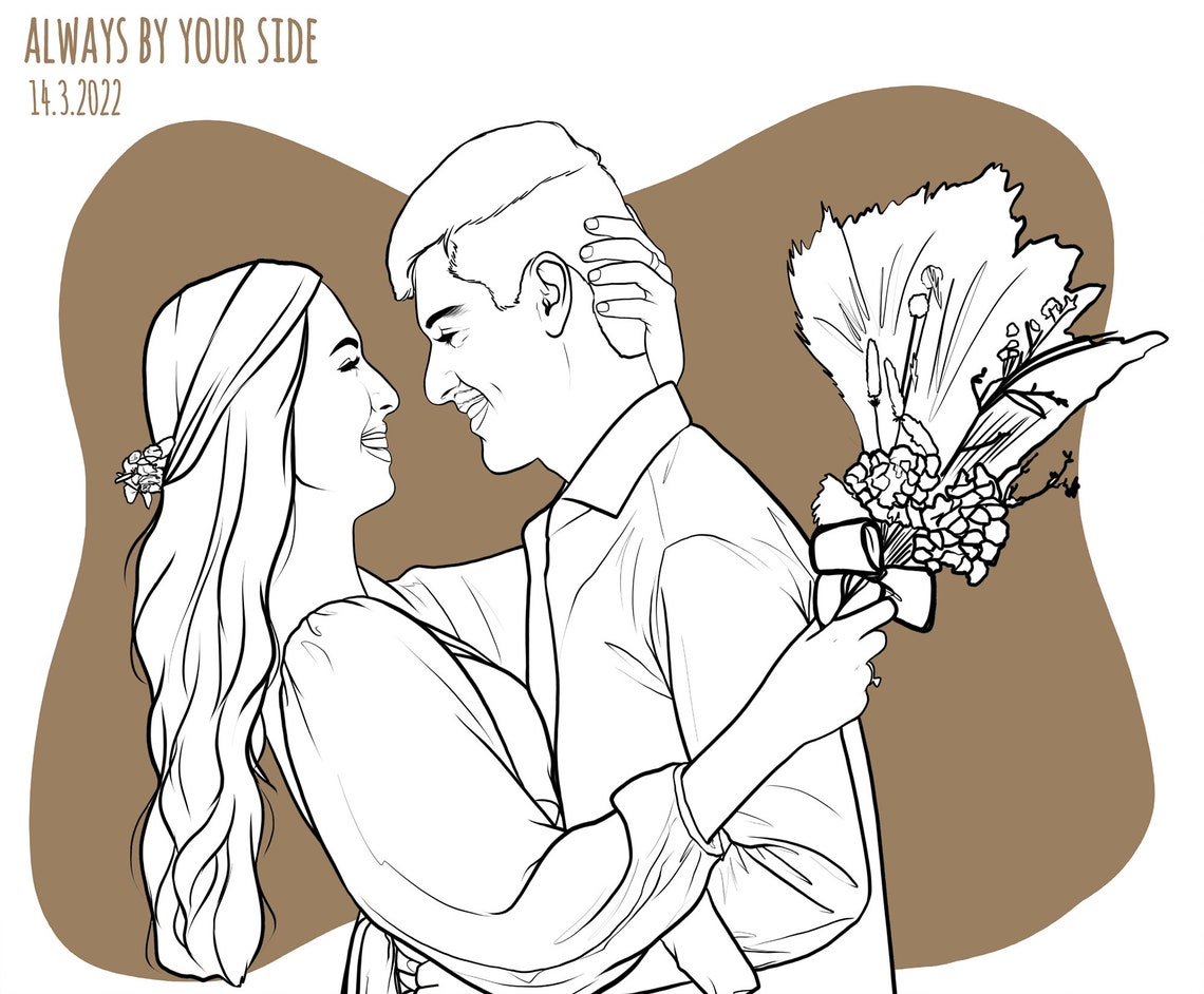 Wedding Couple Line Drawing With Bridal Bouquet and Date Poster
