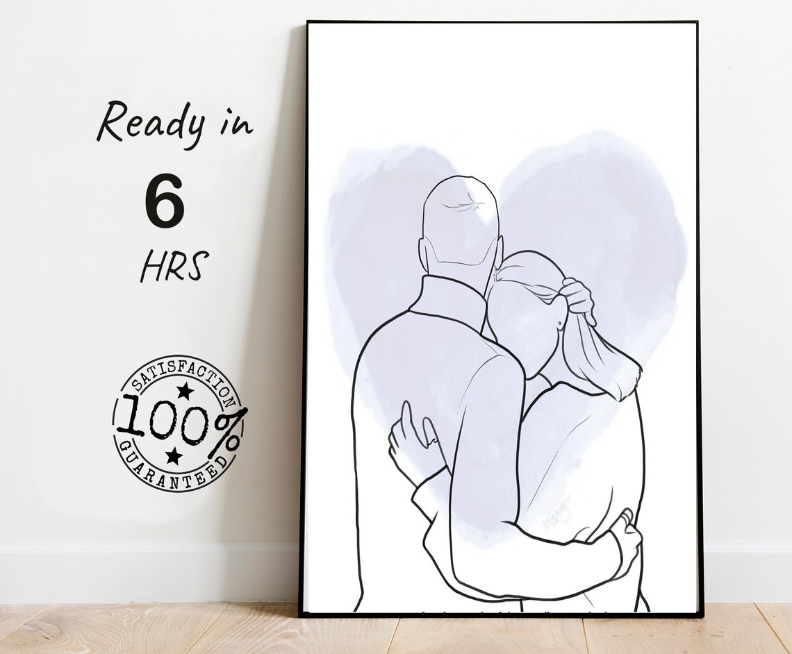 Couple Hugging Faceless Line Art Portrait Lavender Heart Wash Poster