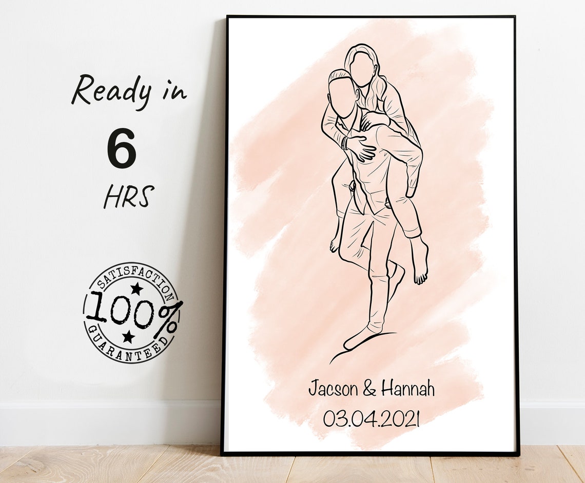 Couple Line Art Print Custom Outline Drawing One Line Painting Portrait Art Custom Portrait Engagement Photo Drawing