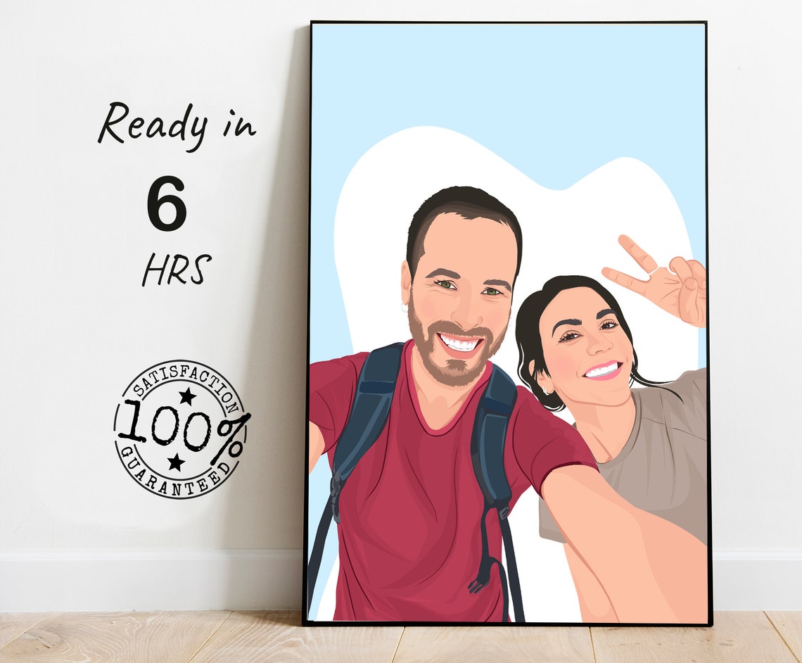 Smiling Travel Couple Selfie Colored Portrait Illustration Poster