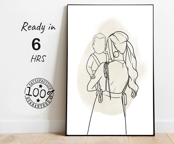 Mother Holding Baby Line Art Portrait on Beige Watercolor Poster