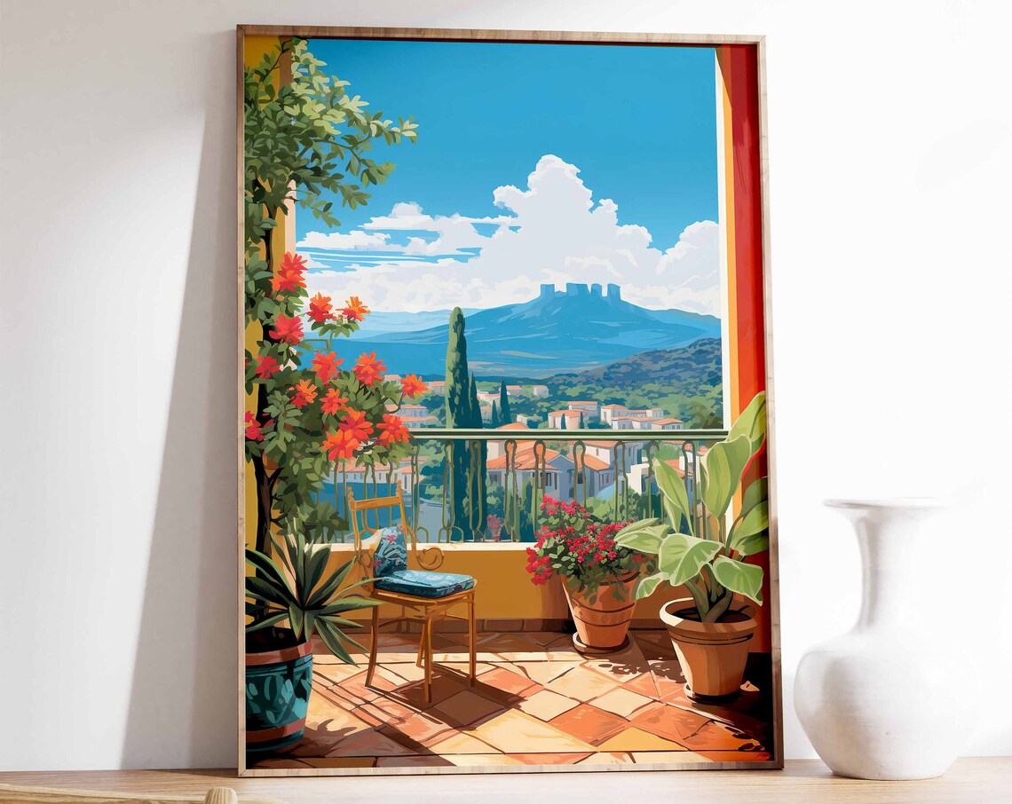 Mediterranean Terrace Sunny Coastal Town Balcony View Poster