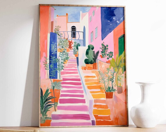 Morocco Pink Stairway Tropical Plants Floral Travel Art Poster