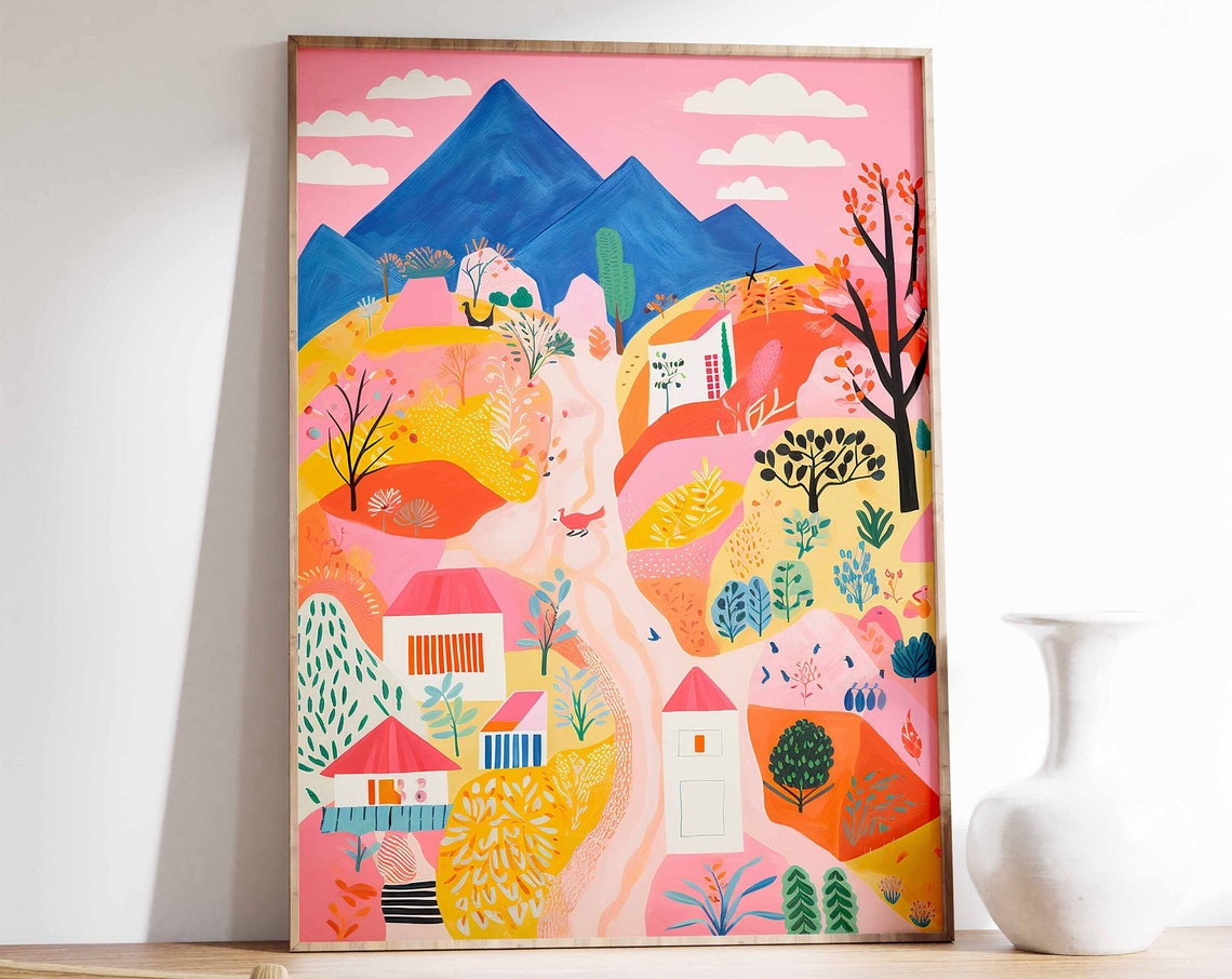 Folk Art Mountain Village Colorful Naive Landscape Whimsy Poster