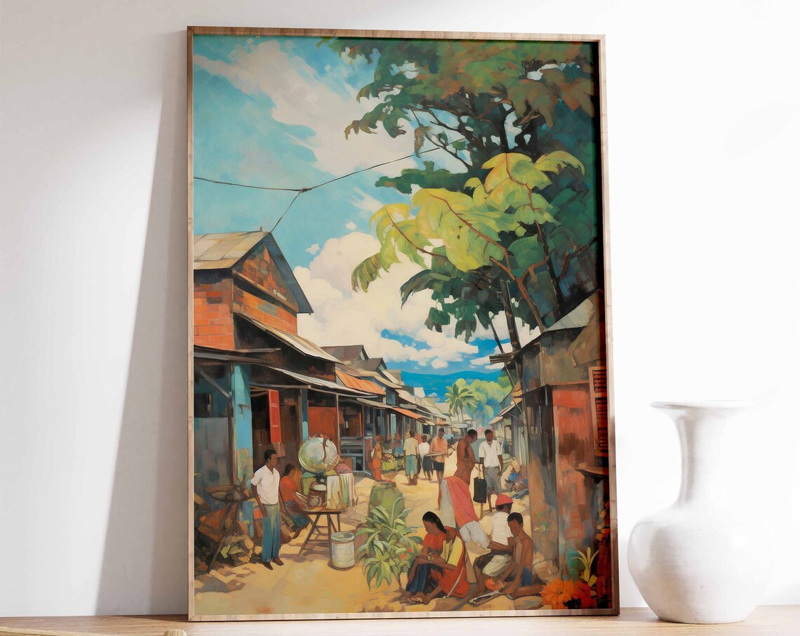 Tropical Street Market Colorful Houses People Palm Trees Art Poster