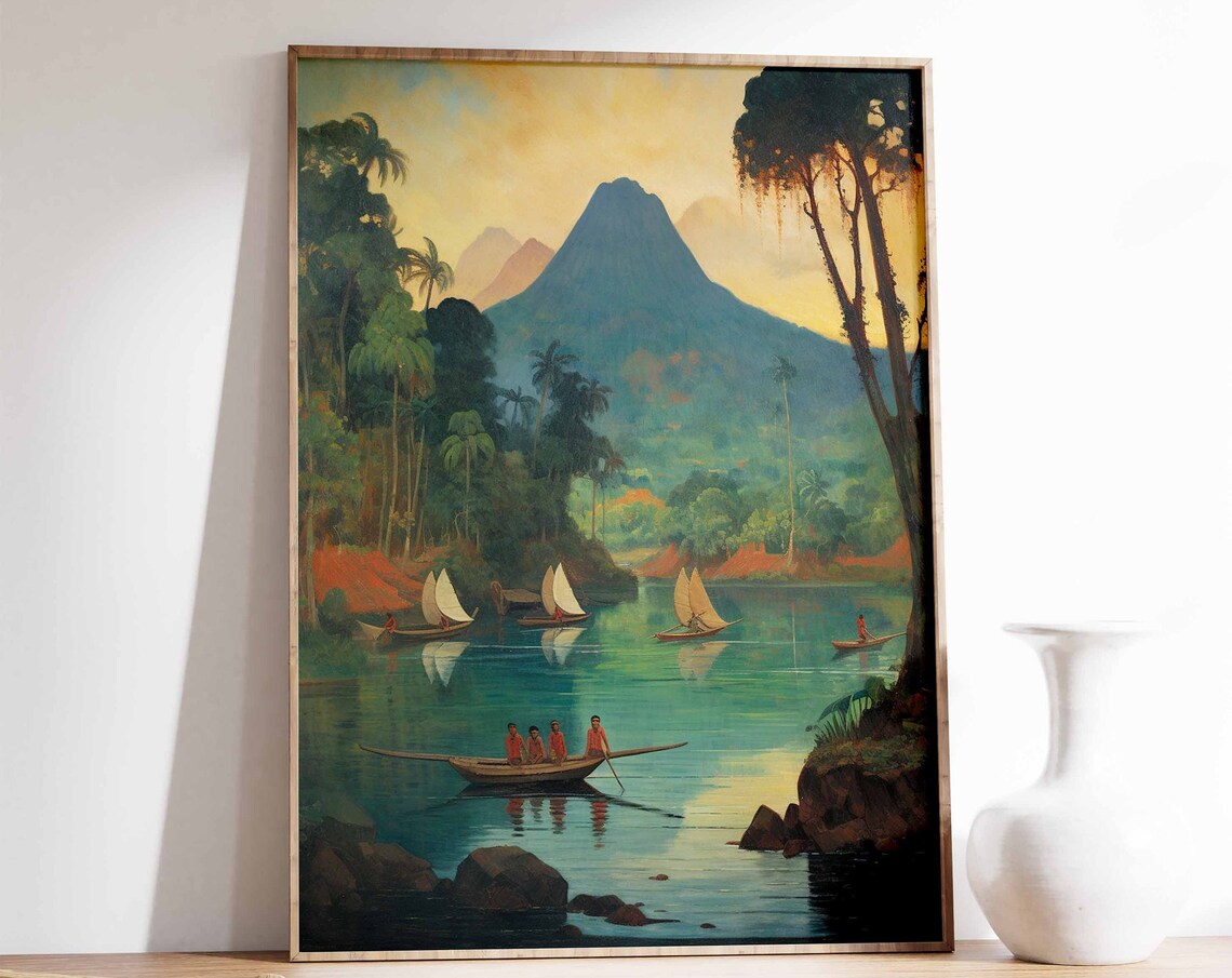 Tropical Volcano Island Sailboats Vintage Indonesia Travel Poster