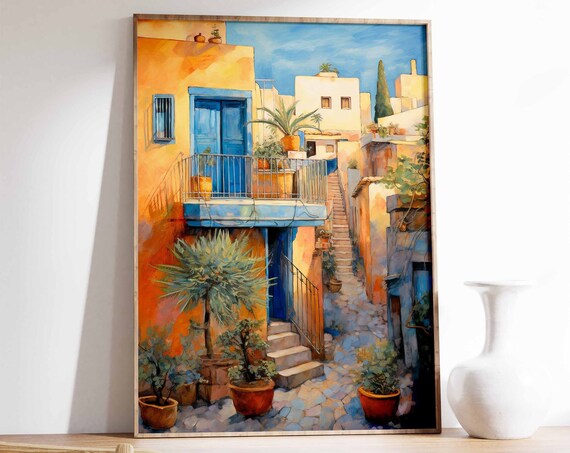 Morocco Blue Alley Blue Door Sunlit Old Town Mediterranean Style Poster