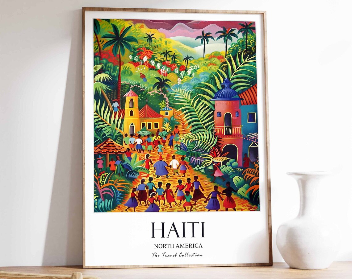 Haiti Tropical Village Palm Church Festival Scene Travel Poster