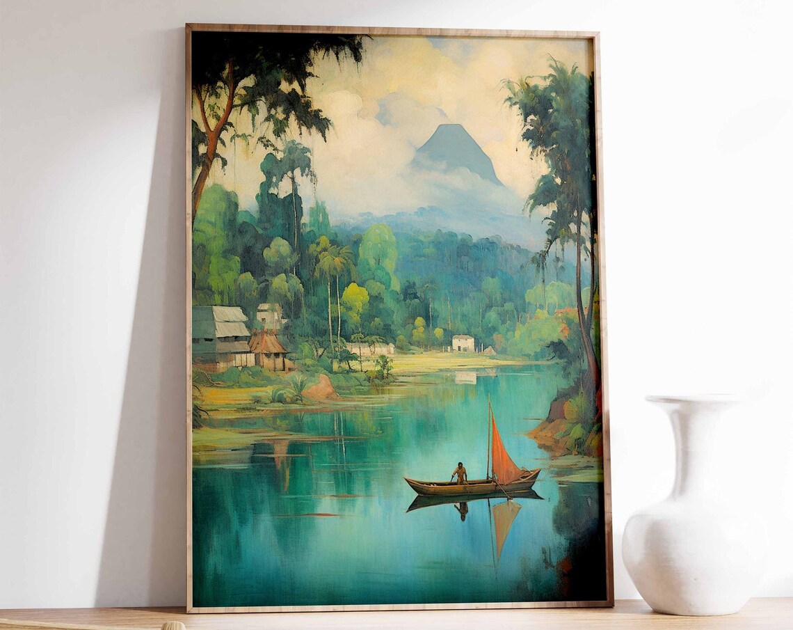 Tropical Lake Sailboat Misty Mountain Vintage Asian Landscape Poster