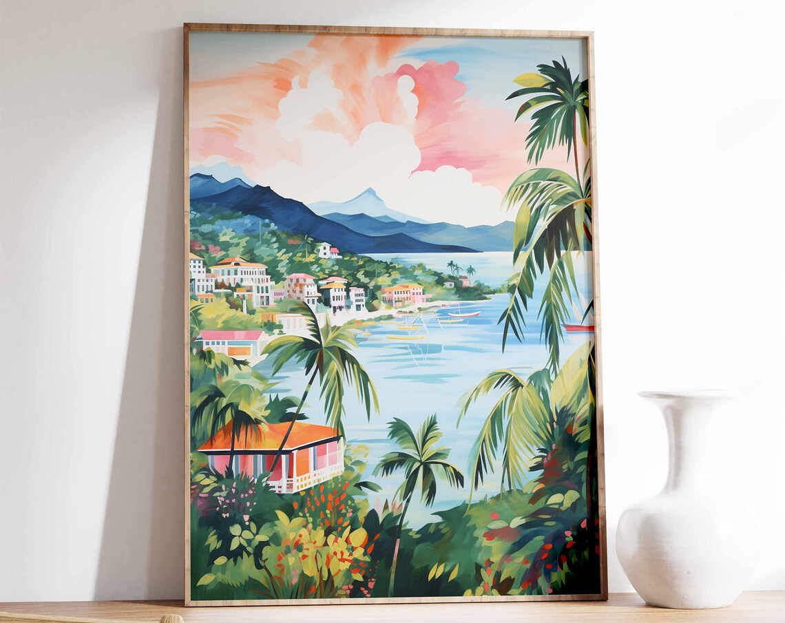 Jamaica Travel Poster, Tropical Floral Folk Art
