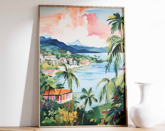Jamaica Travel Poster, Tropical Floral Folk Art