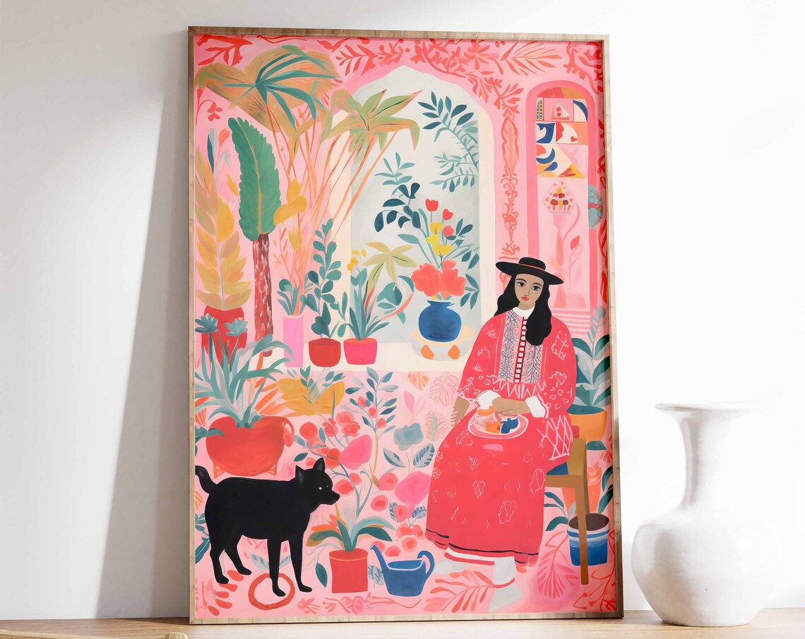 Peruvian Woman Black Cat Pink Tropical Floral Folk Art Poster