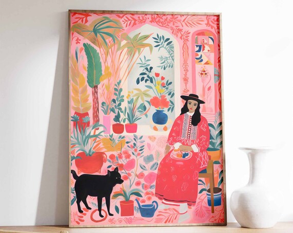 Peruvian Woman Black Cat Pink Tropical Floral Folk Art Poster