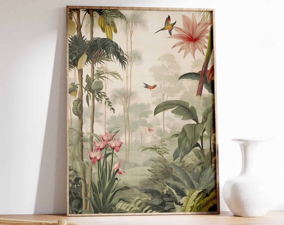 Vintage Tropical Botanical Paradise Palms Birds Flowers Wall Art
