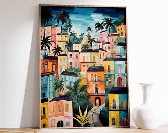Colorful Tropical Hillside Town Palm Trees Vibrant Cityscape Poster