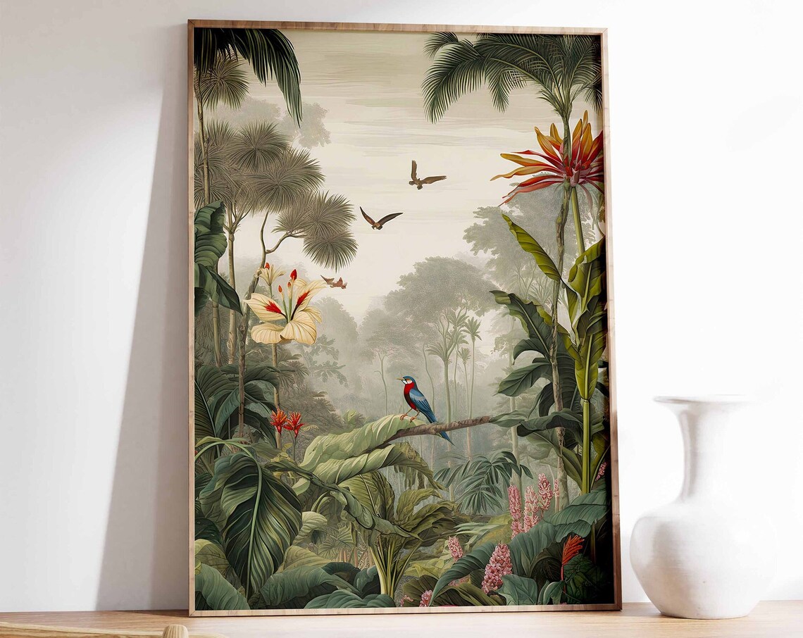 Vintage Botanical Tropical Floral Poster, Rousseau-Inspired