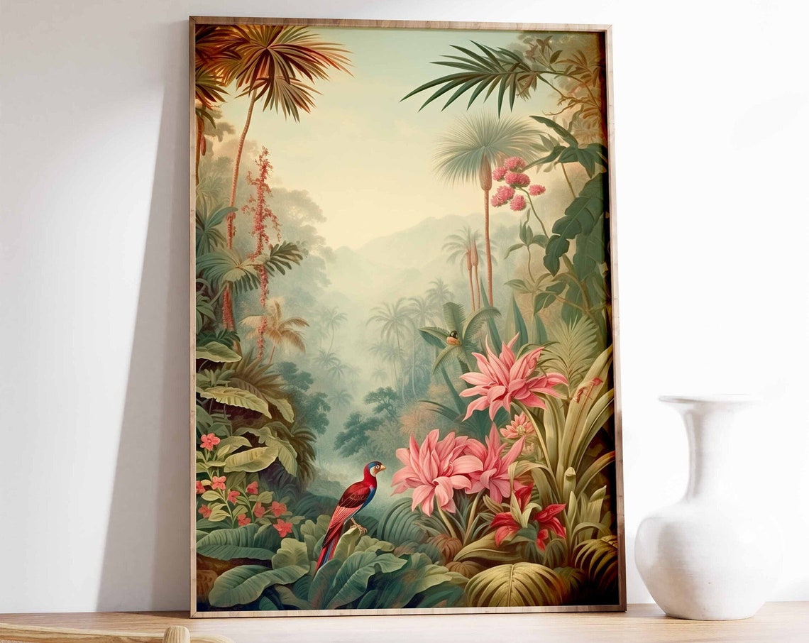 Tropical Jungle Parrot Vintage Botanical Pink Flower Art Poster