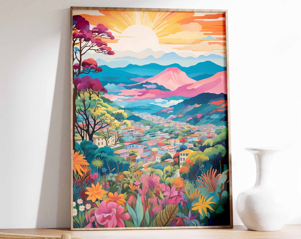 Colombia Vibrant Mountain Cityscape Colorful Latin Travel Poster