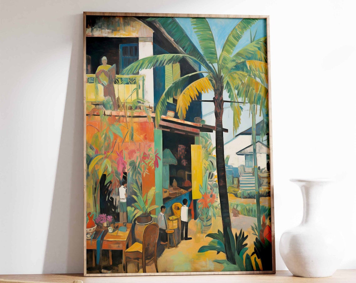 Indonesia Tropical Street Cafe Palms Vibrant Painting Poster