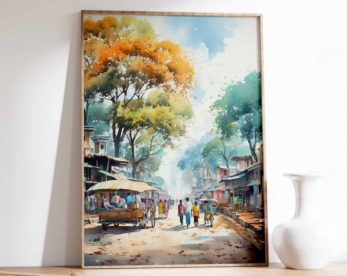 South Asian Street Scene Watercolor Rickshaw Travel Art Poster