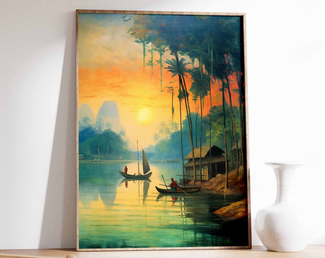 Tropical Sunset River Boats Palms Glowing Orange Evening Scene Poster
