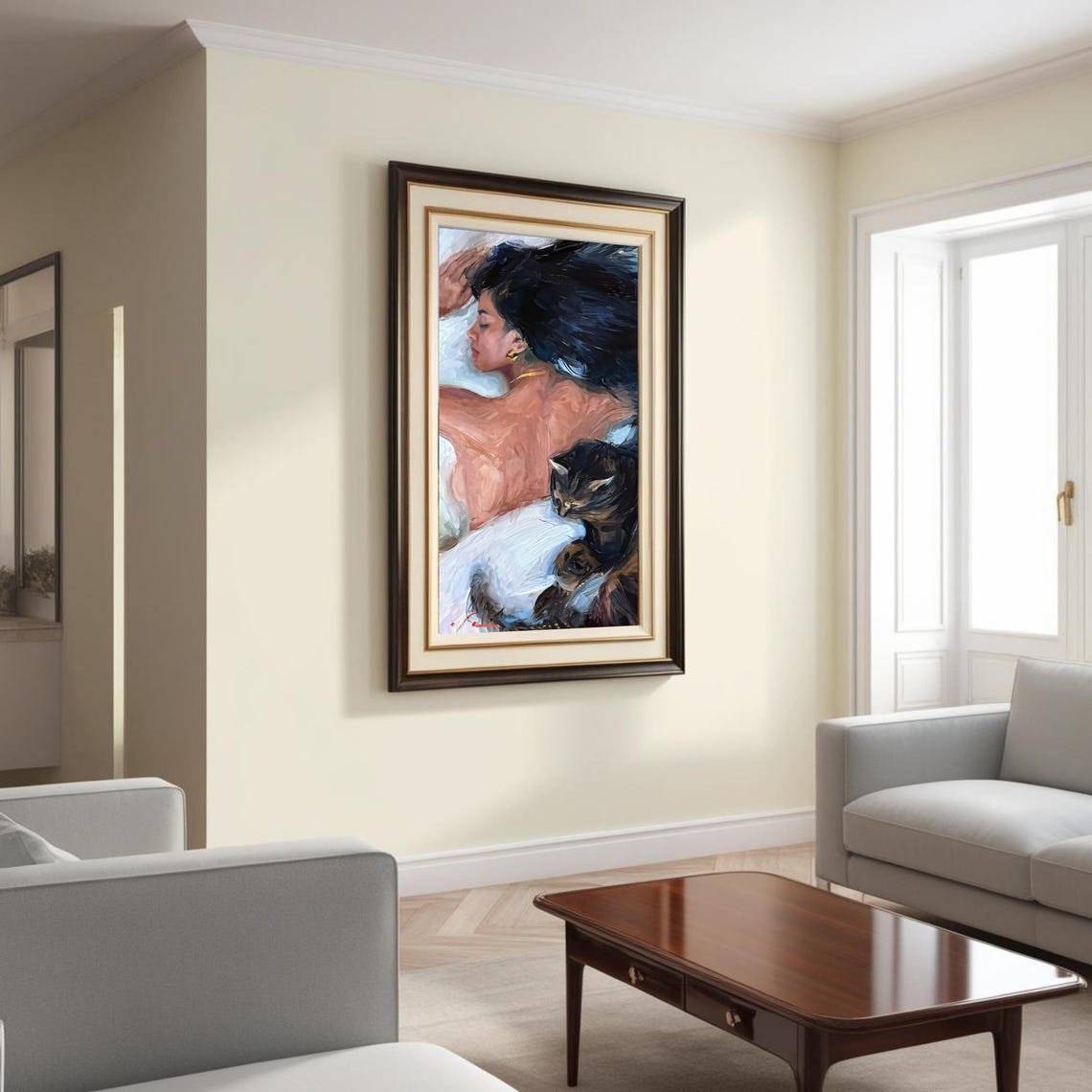 Woman And Cat Romantic Sleep Art Print - Image 6