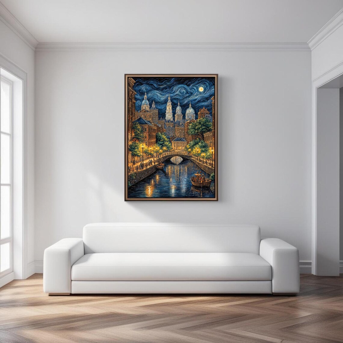 Starry Night Cityscape, Van Gogh Inspired Canal Scene - Image 2