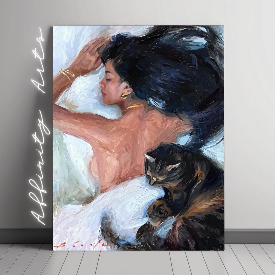 Woman And Cat Romantic Sleep Art Print