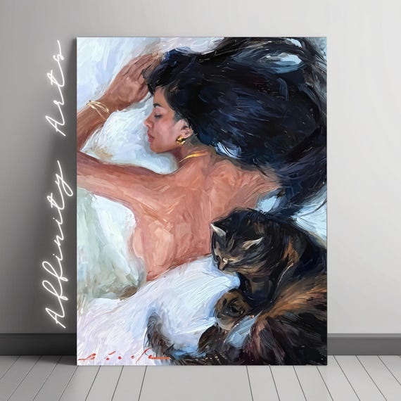 Woman And Cat Romantic Sleep Art Print