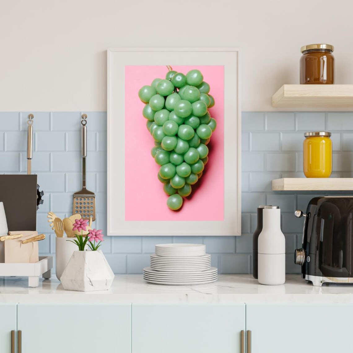 Green Grapes On Pink Background, Kitchen Decor - Image 4