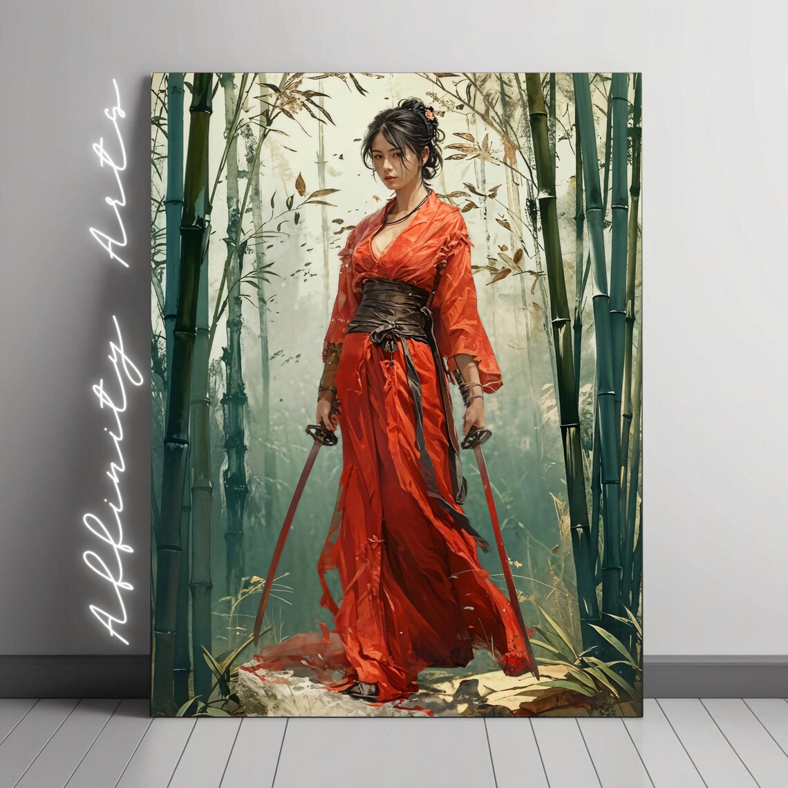 Samurai Warrior Woman In Red Kimono, Japanese Style