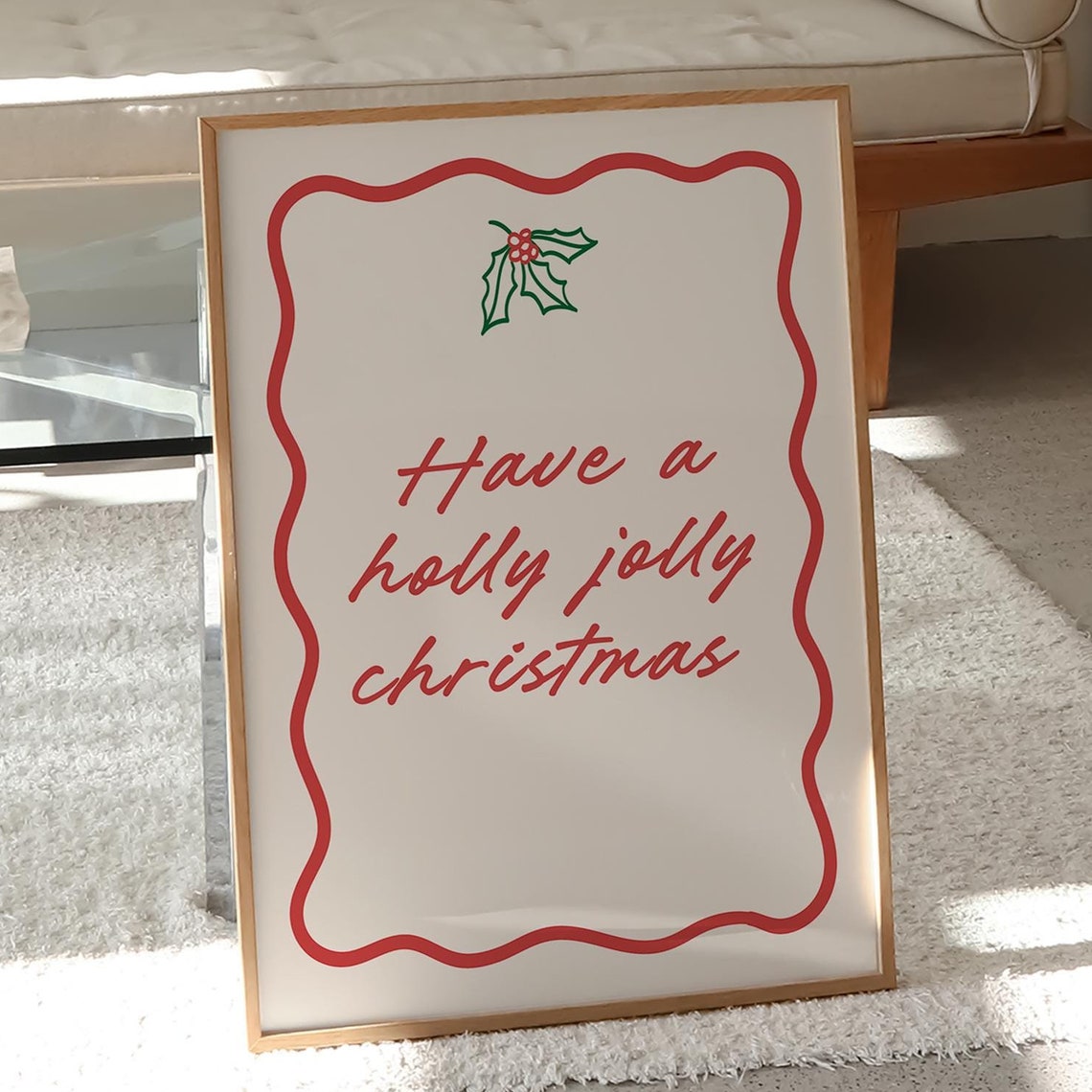 Have A Holly Jolly Christmas Red Retro Script Wavy Border Wall Art
