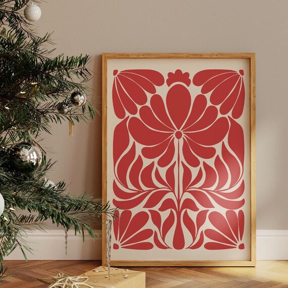 Red Scandinavian Floral Folk Art Symmetric Holiday Botanical Poster