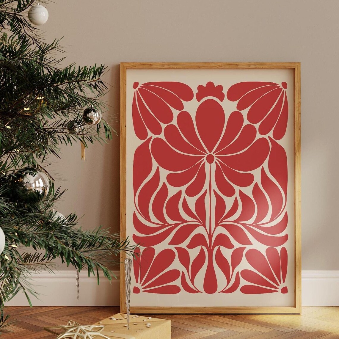 Red Scandinavian Floral Folk Art Symmetric Holiday Botanical Poster