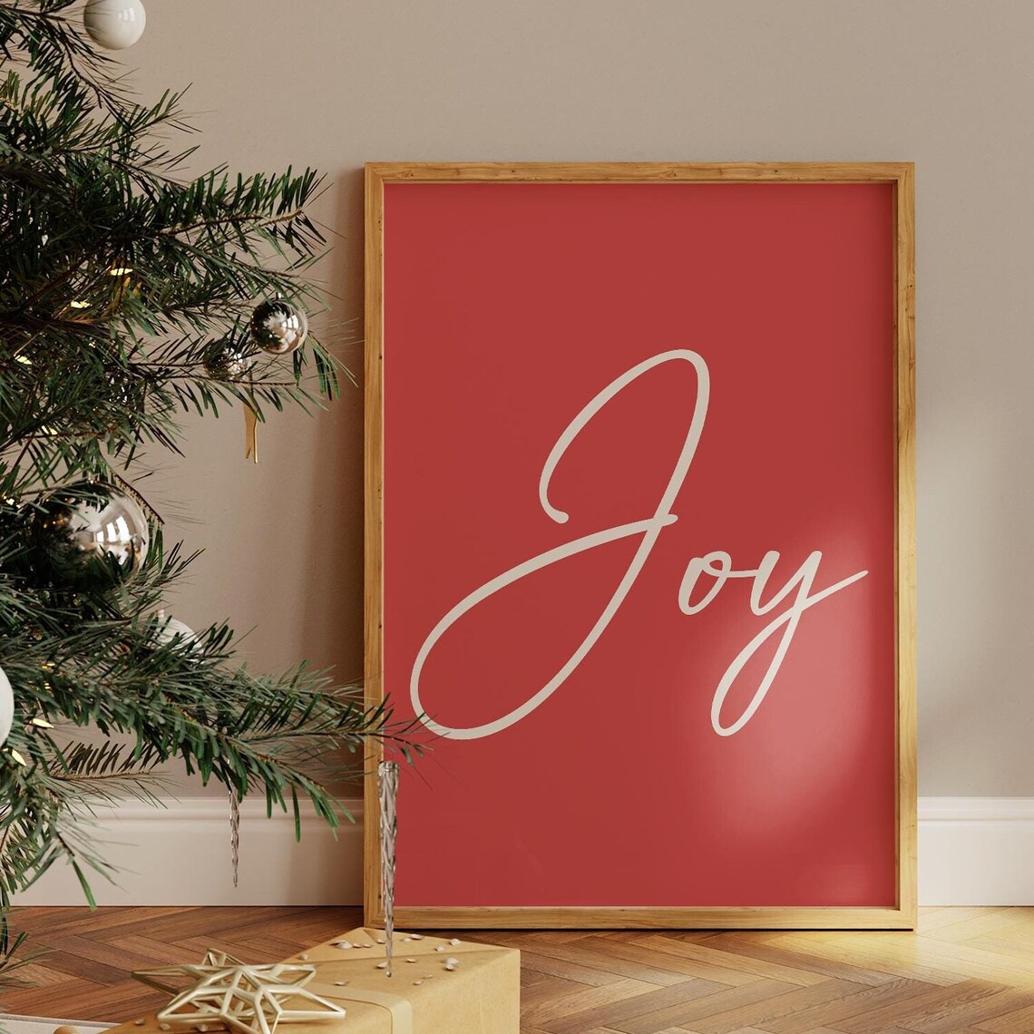 Joy Cream Script Typography Red Background Simple Christmas Word Poster