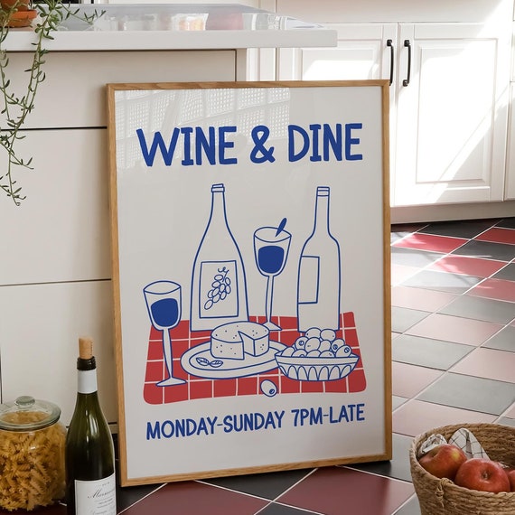 Wine Dine Club Retro Wine Poster, Mid-Century Modern