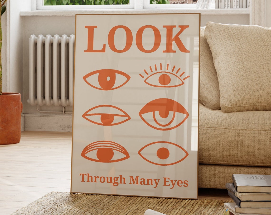 LOOK Through Many Eyes Orange Eye Illustrations Typographic Poster