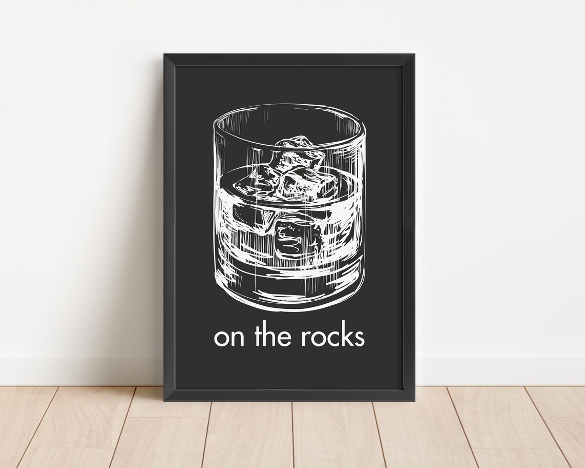 On The Rocks Whiskey Glass Sketch Illustration Black White Bar Cart Poster - Image 2