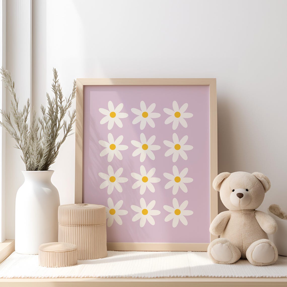 Daisy Grid Lavender Floral Pattern Nursery Wall Decor Art Poster