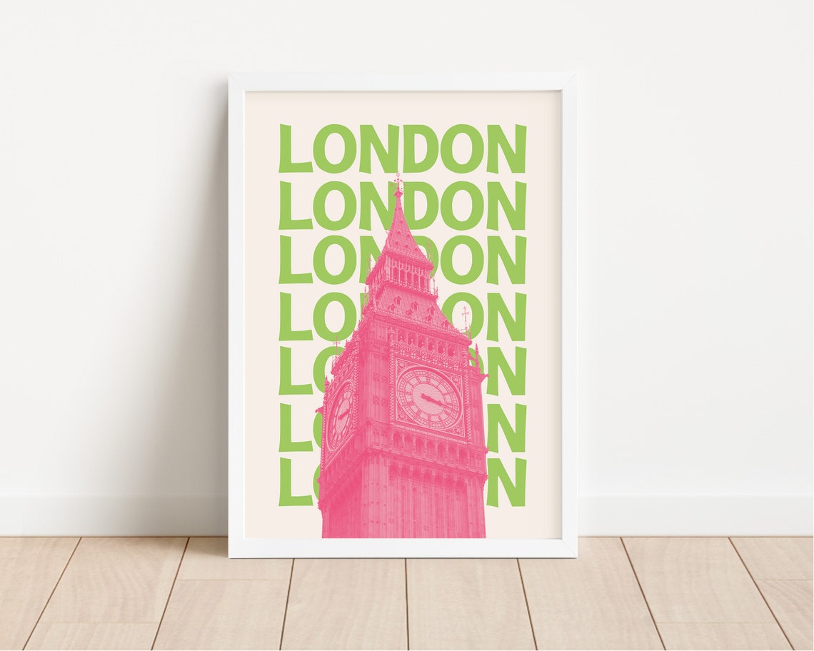 London Retro Green Pink Big Ben Clock Tower England Travel Poster - Image 2