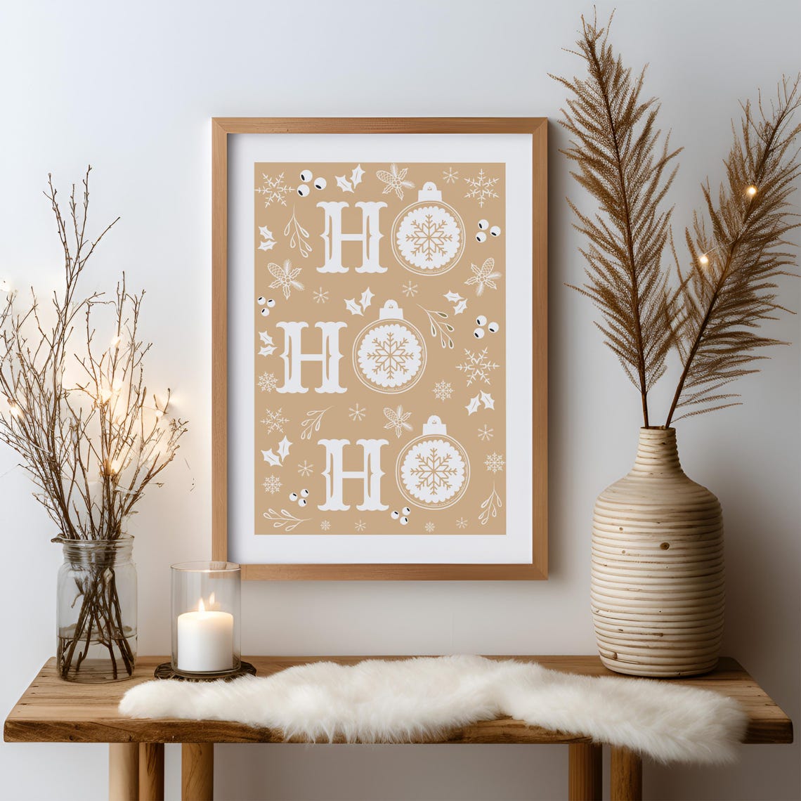 Ho Ho Ho Christmas Typography Ornaments Snowflakes Tan Poster