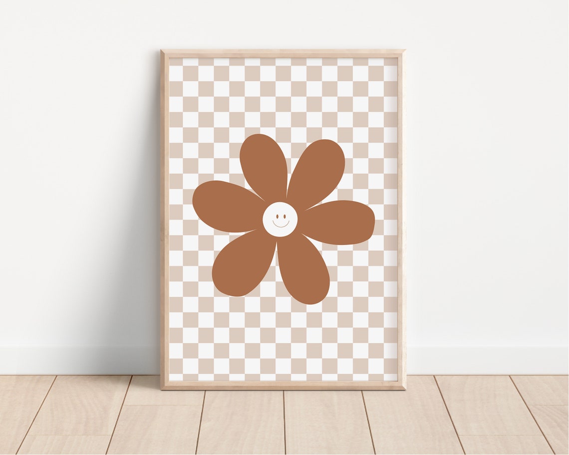 Smiley Daisy Burnt Orange Retro Checkerboard Wall Decor Poster - Image 2