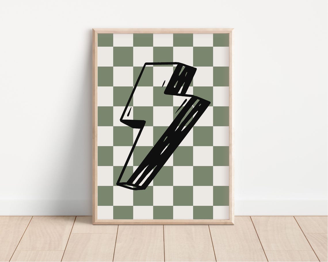 Lightning Bolt Sage Green Checkerboard Cool Kids Room Poster - Image 3