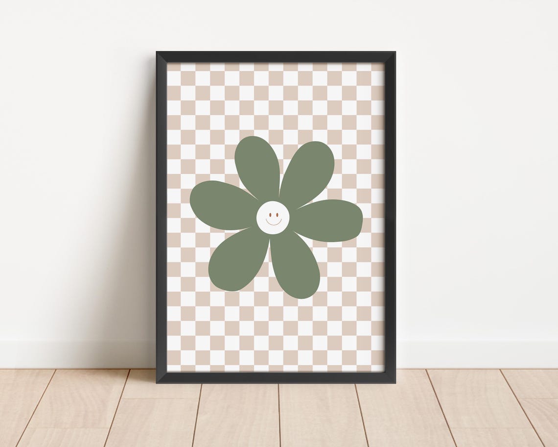 Smiling Daisy Flower Sage Green Checkerboard Nursery Art Poster - Image 3