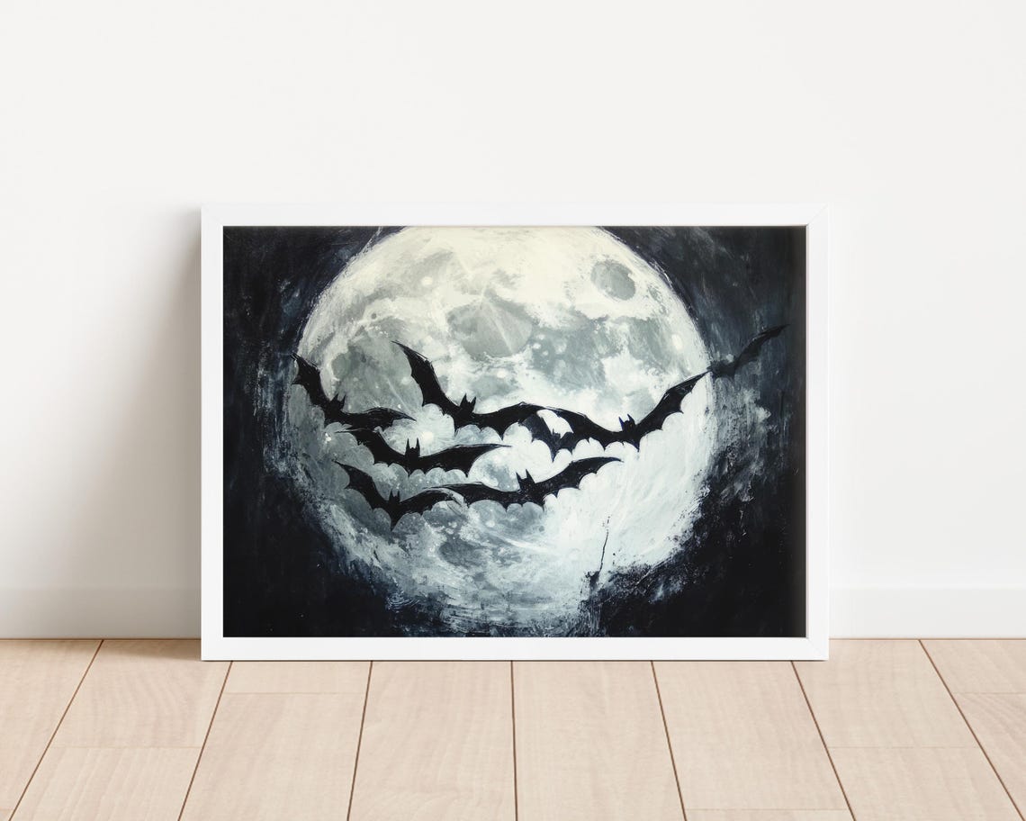 Silhouette Bats Flying Across Full Moon Moody Black Halloween Poster - Image 4
