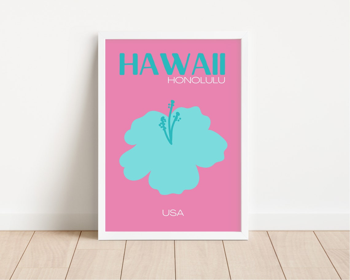 Bold Hawaii Honolulu Pink Teal Hibiscus Flower Travel Poster - Image 2